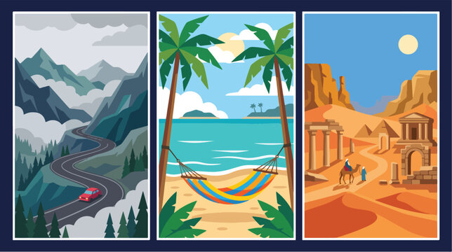 Three vibrant travel posters depicting winding mountain roads tropical beach hammocks and ancient desert ruins under a bright summer sun