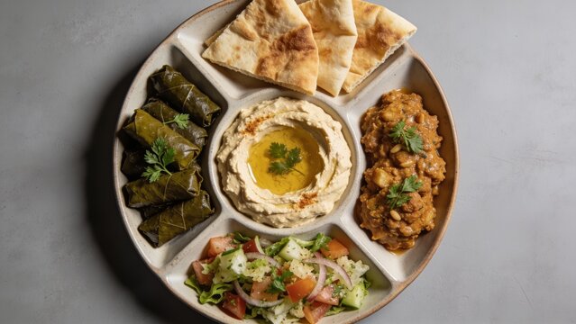 arabian mix starter with vine leaves, hummus, mezze, fatoush served in dish isolated on grey background top view of arabic food