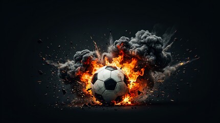 Fototapeta premium Soccer ball exploding with fire and smoke on a dark background