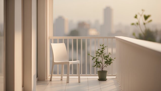 Modern apartment balcony with white chair and potted plant overlooking a blurry cityscape at sunrise or sunset