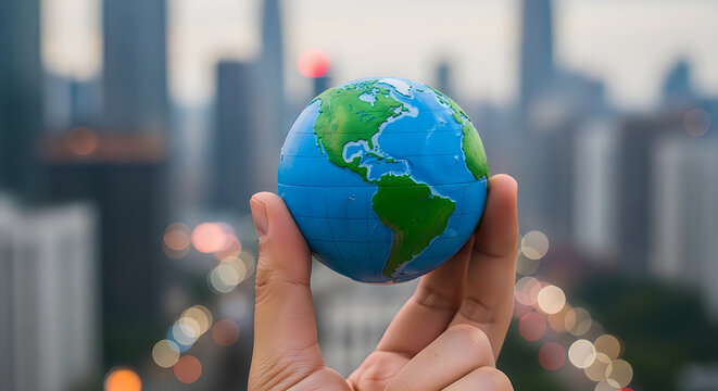 Hand holding small globe model with blurred city skyline and bokeh lights in background.