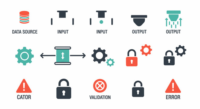 Data Flow and Security Icons: Input, Output, Data Source, Validation, Error, Lock