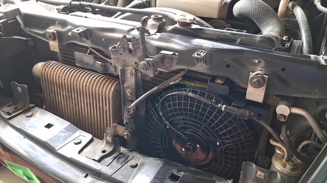 Professional auto mechanic calmly inspecting and servicing a vehicle air conditioning system in a modern, well-equipped auto repair garage.