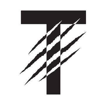 Letter T With Claw Marks Black Silhouette On White Background