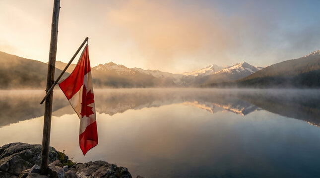 Celebrate a happy canada day with this beautiful canadian landscape featuring a flag by a misty mountain lake at sunrise, perfect for canada day festivities