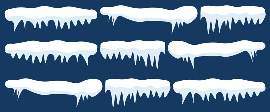 Set of snow caps, snowy ice and frozen icicles in cartoon style for greeting cards, invitations, banner and posters. Snow elements isolated. Winter season. Colored flat vector illustration
