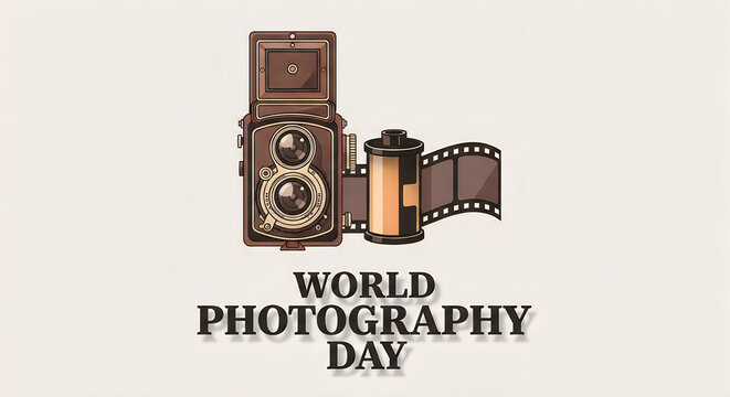 Vintage twin lens reflex camera and film roll for world photography day.