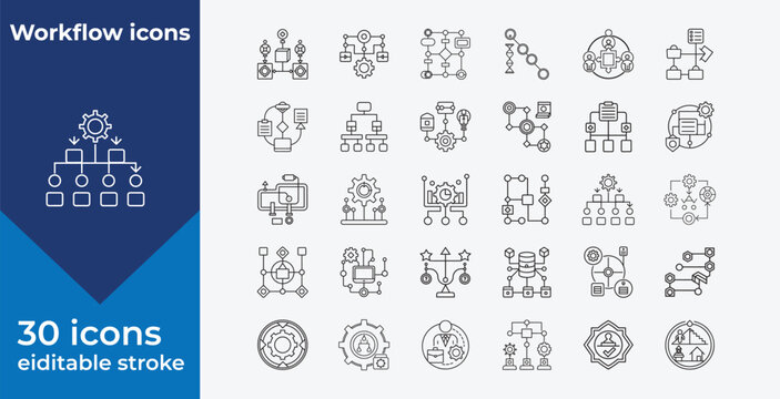 workflow icons for business and technology concepts  various symbols for process management and productivity tools  collection of line style graphics