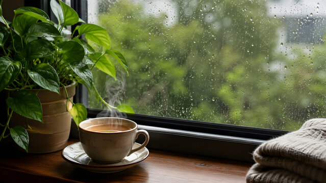 Steaming hot cup of coffee on windowsill during a rainy day with coziness relaxation beverage serenity pottedplant lifestyle peaceful rainyday windowview houseplant seasonal relaxing