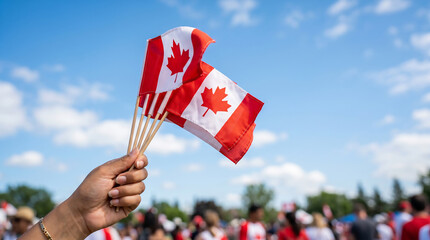 Naklejka premium Hand holding small canadian flags during outdoor celebration wishing a happy canada day under a blue sky, celebrating national canada day event