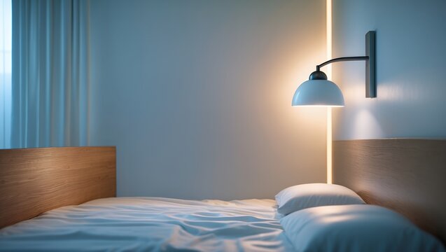 Minimalist bedroom interior with comfortable bed and warm bedside lamp lighting