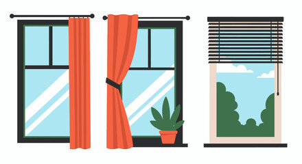 Obraz premium Window Views: Curtains, Plant, and Blinds with Outdoor Scenery