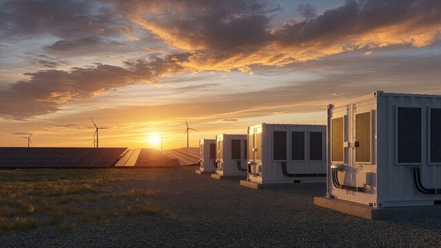 Battery energy storage containers at a solar farm at sunset