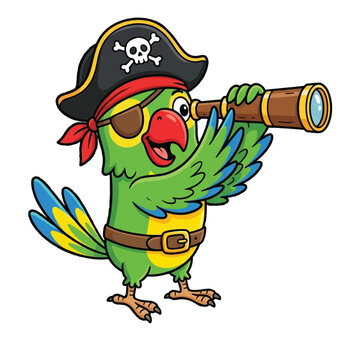 Cheerful cartoon pirate parrot wearing a black hat and eye patch holding a telescope spyglass on white background illustration