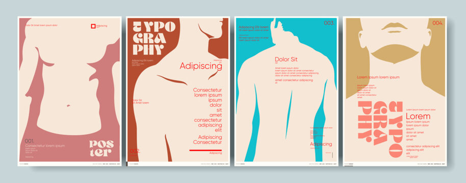 Minimalist poster designs featuring abstract human figures with bold typography and contrasting colors. Each poster showcases a unique layout and color scheme, creating a modern aesthetic.