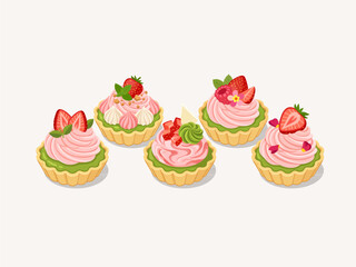 Assorted Strawberry Mini Tart Vector Set Gourmet Fruit Tartlet Collection with Various Toppings Isolated on White Background © Akasha Design