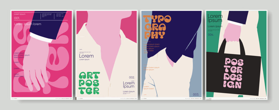 A set of four modern art posters featuring abstract designs and bold typography. Each poster showcases a unique color palette and minimalist style, perfect for contemporary decor.