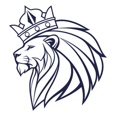 Obraz premium Navy Blue Lion Head Wearing a Crown with Flowing Mane in Profile on White