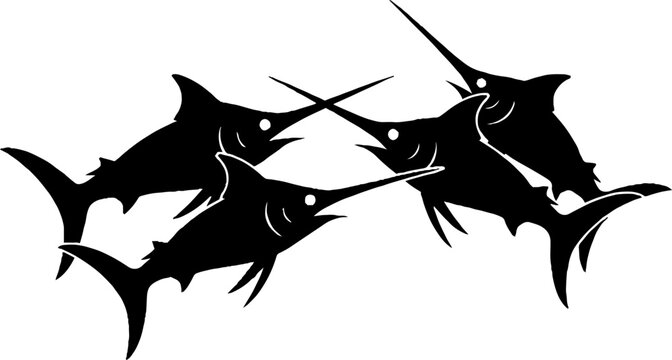 Silhouette of Four Swordfish in Dynamic Formation.
