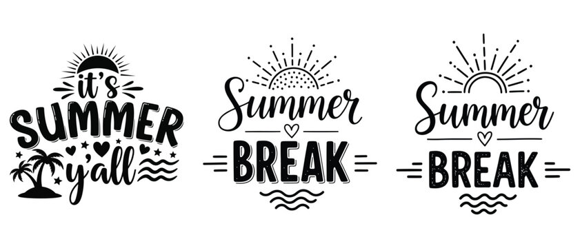 Set of summer quotes and phrases for tshirt design, its summer yall and summer break typography with sun, palm tree and waves vector t shirt