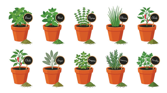Colorful vector illustration set featuring various fresh aromatic culinary herbs growing in terracotta garden pots