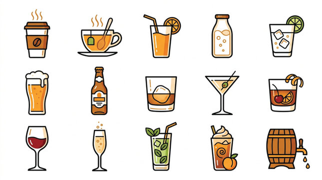 Creative beverage vector icons featuring two-tone linear drink designs for restaurant application interface