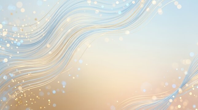 Elegant abstract background featuring flowing golden and blue waves accented by soft bokeh lights This design evokes a sense of calm and luxury suitable for various upscale and celebratory application