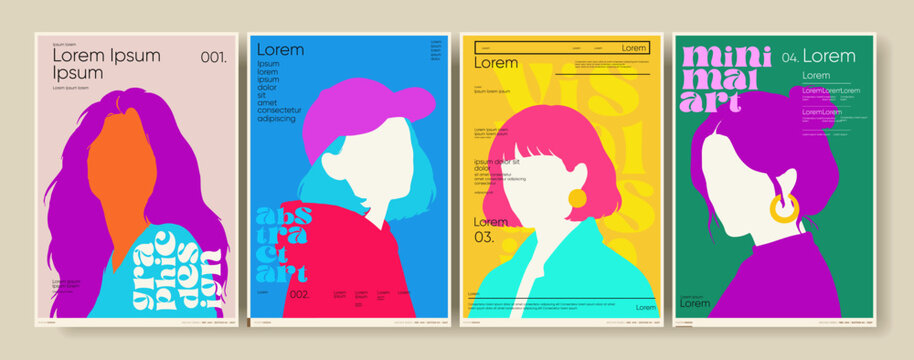 Colorful abstract posters featuring faceless portraits in bold hues. Each design showcases unique hairstyles and accessories, emphasizing modern minimalism and creativity.