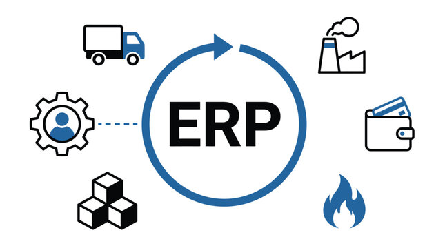 Minimalist vector illustration showing erp software icons arranged in a circular blue and black design