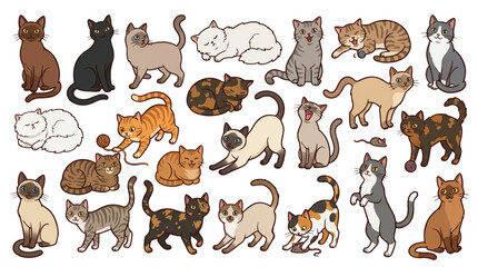 Fototapeta premium Cute cat illustrations set with different breeds, colors, and playful poses isolated on a white background