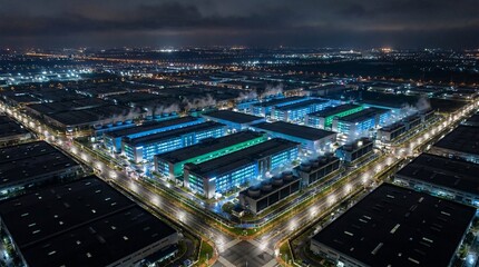 Fototapeta premium Aerial Night View of a Large Modern Data Center and Tech Infrastructure Complex with Neon Glow – High-Tech Server Farm and Digital Storage Facility