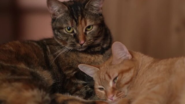 Two domestic cats, a tortoiseshell and an orange tabby, are comfortably resting side by side in a warm indoor environment