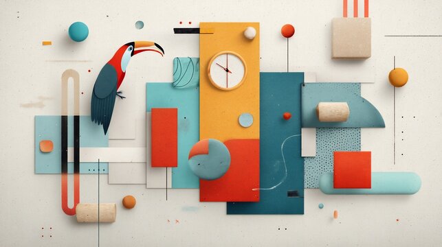 Colorful toucan with geometric shapes, clock, and abstract elements