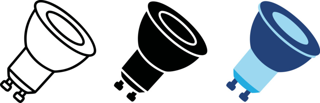 Set of gu10 led light bulb icons, vector illustration of spotlight lamp in outline, solid and flat color styles, energy efficient lighting equipment