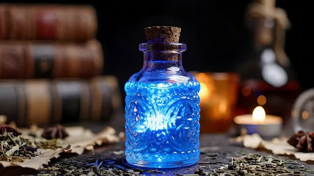 Blue glowing magic potion bottle swirling on a table with herbs and candles.