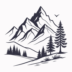 Fototapeta premium Sharp Mountain Peaks and Pine Trees with Single Bird Flying in Black on White Background