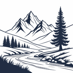 Fototapeta premium Pointed Mountain Range with Pine Trees and Winding River in Navy Blue and White Landscape