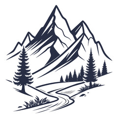 Fototapeta premium Sharp Mountain Peaks with Evergreen Pine Trees and Winding River Path in Dark Blue on White