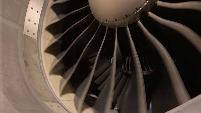Slow motion rotation of jet airliner engine intake fan blades close up engineering details aviation transport industry technology background commercial aircraft video