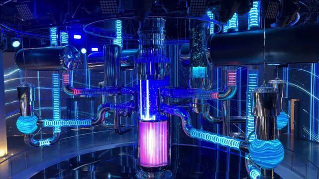 Futuristic water-to-water power reactor features illuminated pipes and vibrant colors, illustrating a dynamic energy flow in a modern environment
