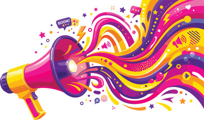 Colorful Megaphone Vector Illustration with Vibrant Fluid Sound Waves, Stars, and Speech Bubbles for Marketing, Advertising, and Promotion Concepts © MstManisha