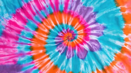 Obraz premium Vibrant tie dye spiral background with pink, orange, turquoise, purple, and blue textile pattern.