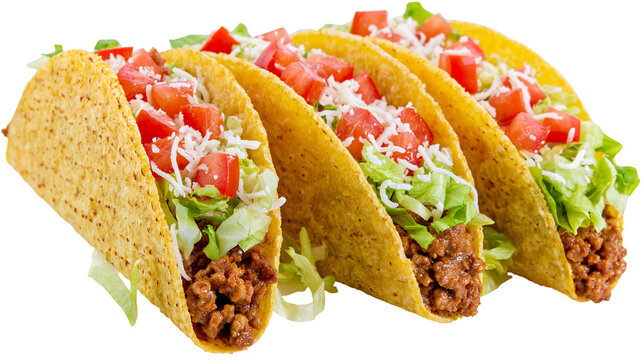 Four crunchy tacos with ground beef lettuce tomato, and cheese