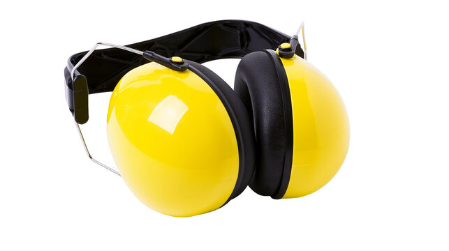 Yellow earmuffs with black padding and metal headband