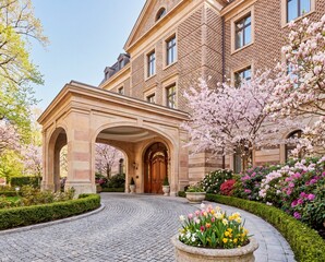 Naklejka premium Sophisticated garden hotel entrance with historic architecture for travel brochure design