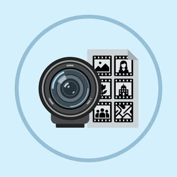 Flat illustration of a camera lens and photo contact sheet