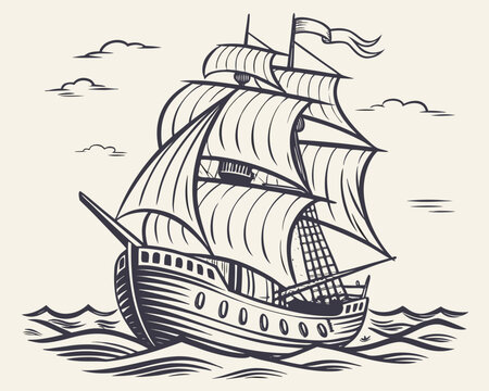 Old Three Mast Sailing Ship with Billowing Sails Black Ink on Cream Wavy Ocean Water with Clouds