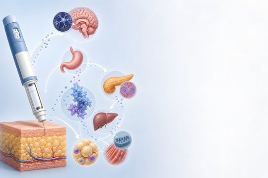 Metabolic pathway illustration with injection pen and organs