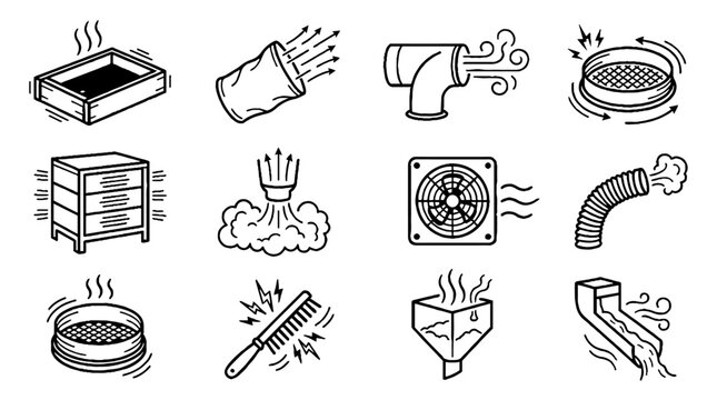 Industrial Ventilation and Air Filtration System Hand Drawn Icon Set.