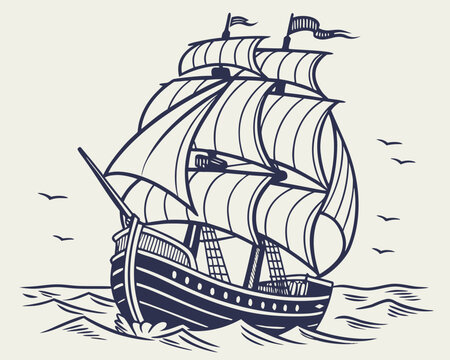 Navy Blue Sailing Ship with Large Wind-Filled Sails on Ocean Waves with Flying Seagulls